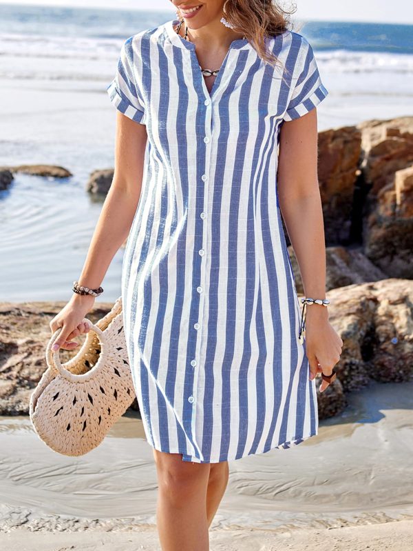 Women's Stripes Print Loose Fit Tunic Dress Button Down Casual Shirt Dress Notch Neck Short Sleeve Dress