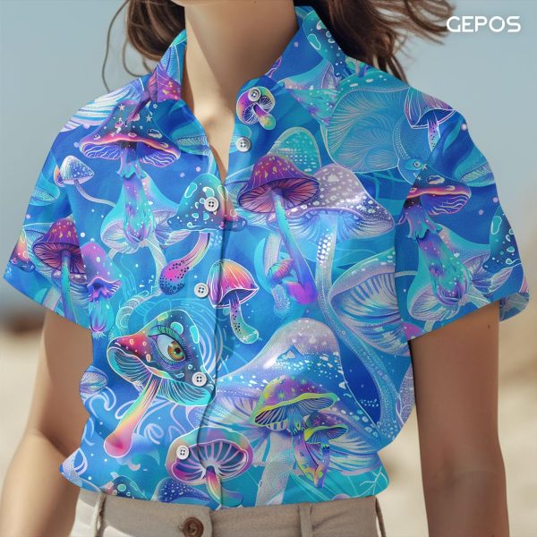 8193zpEU15L.jpg Mystical Mushroom Casual Hawaiian Shirt, Summer Mushroom Print Button Shirt, Birthday Gifts