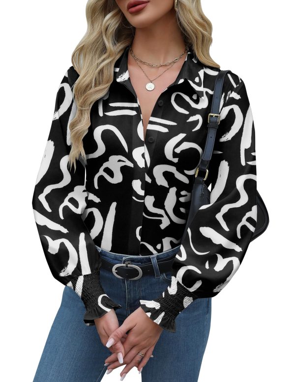 Womens Button Down Shirts Smocked Cuffed Blouses Printed Lantern Shirt Long Sleeve Tops Casual Collar Business Fashion