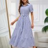 Womens Casual Short Sleeve Button Down Tie Waist Ruffled Striped Maxi Shirt Dress
