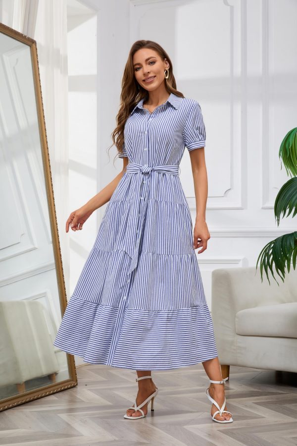 Womens Casual Short Sleeve Button Down Tie Waist Ruffled Striped Maxi Shirt Dress