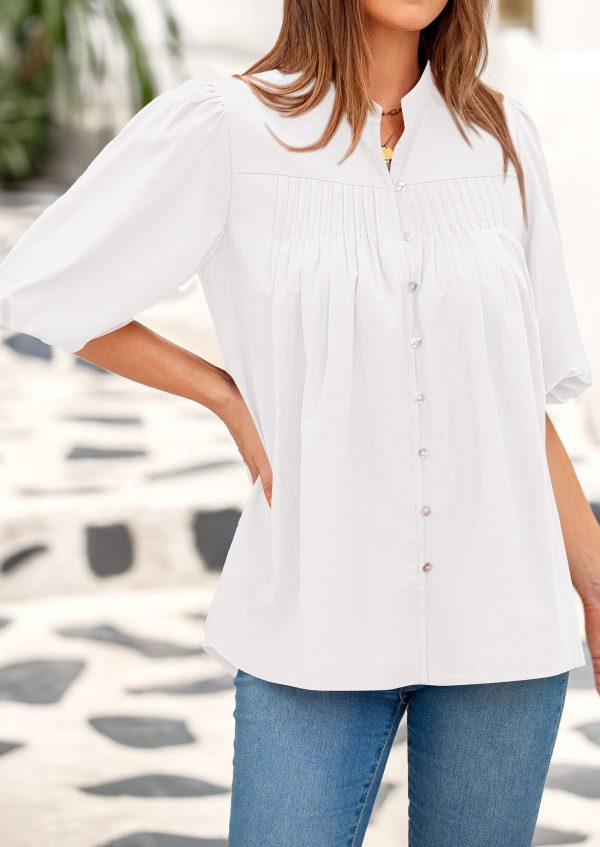81Bn4660eDL.jpg Women's 2025 Summer Short Lantern Sleeve Tops Loose Fit Button Down Shirt Casual Pleated V Neck Blouses