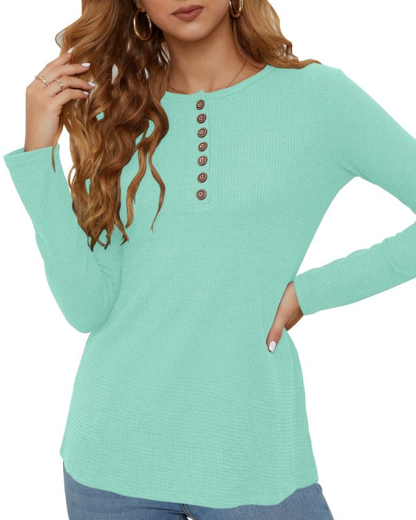 81CHt8y5scL.jpg Women's Waffle Knit Tops Casual Long Sleeve Blouses Slim Fit Button Down V Neck Henley Shirt