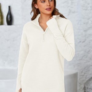 Womens Long Sleeve Quarter Zip Pullover Sweater Casual Loose V Neck Collared Ribbed Knit Jumper Tops Thumb Hole