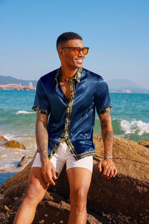 Mens Short Sleeve Button Down Shirts Casual Stretch Satin Silk Hawaiian Beach Shirt