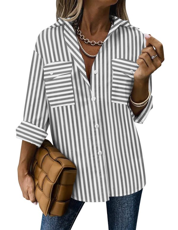 Womens Button Down Shirts Casual Long Sleeve Drop Shoulder Blouses Solid Color Dress Shirts with Pockets