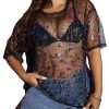 Women's Plus Size Clothes Concert Outfits Summer Sequin Tops See Through Mesh Short Sleeve Shirts