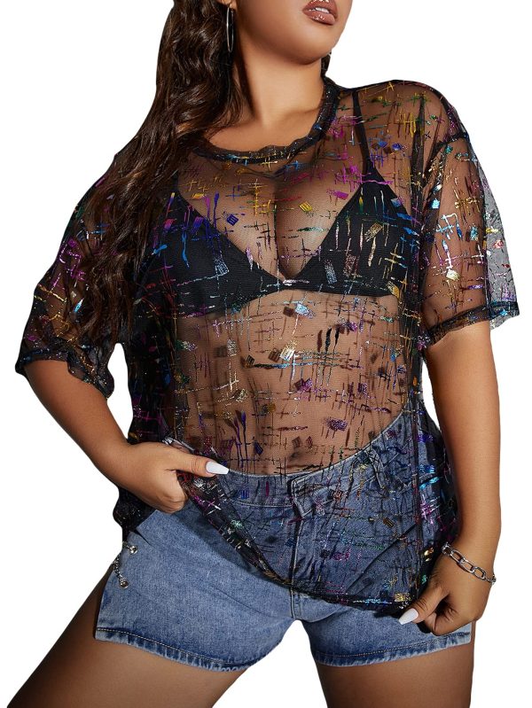 Women's Plus Size Clothes Concert Outfits Summer Sequin Tops See Through Mesh Short Sleeve Shirts