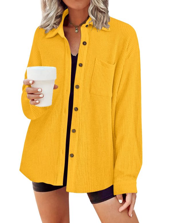 81K4VJ6j9dL.jpg Waffle Knit Button Down Shirts for Women Dressy Casual Work Tops Long Sleeve Loose Fit Shacket with Pocket