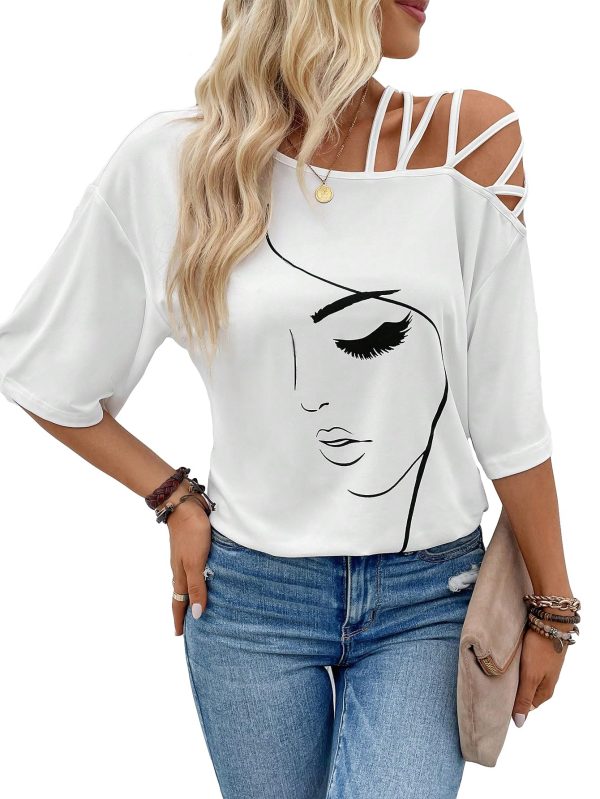 81M9OjnsOJL.jpg Women's Figure Graphic Tees Criss Cross Cut Out Half Sleeve T Shirt Summer Tops