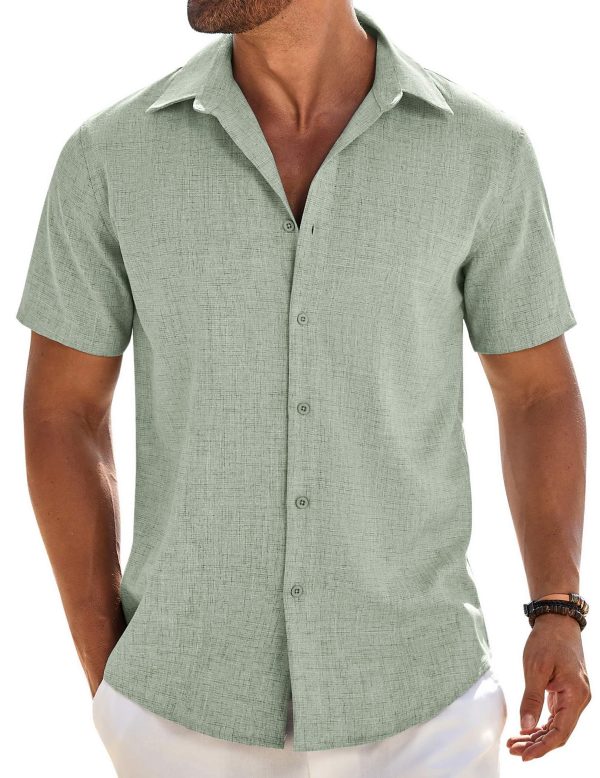 Mens Button Down Shirt Short Sleeve Casual Shirts Beach Summer Linen Shirts Wedding Vacation Shirt