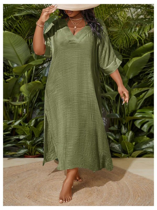 Women's Plus Size Swimwear V Neck Half Sleeve Split Side Cover Up Beach Dress