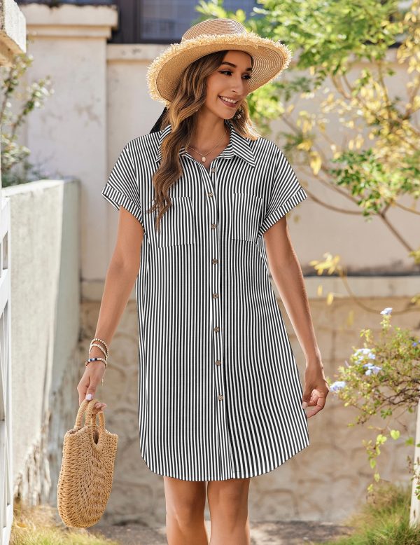 Women's Summer Dress 2025 Cotton Button Down Short Sleeve Tshirt Dresses Casual Flowy V Neck Loose Mini Beach Dress