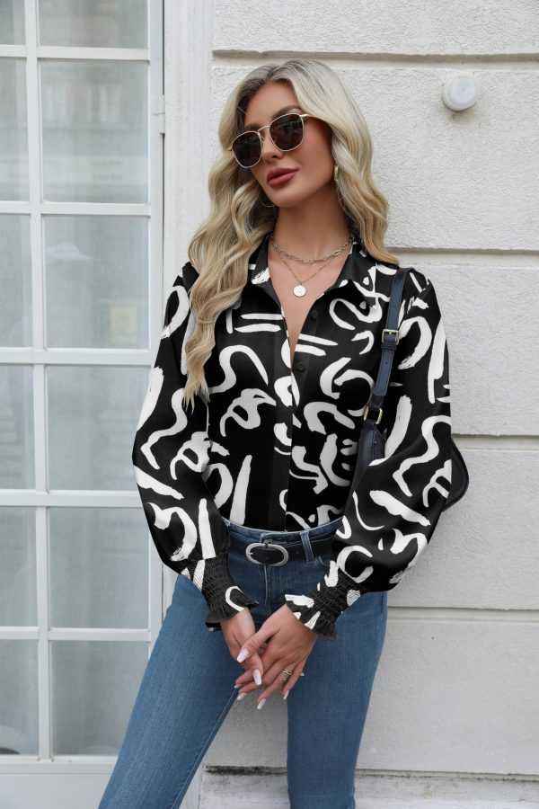 Womens Button Down Shirts Smocked Cuffed Blouses Printed Lantern Shirt Long Sleeve Tops Casual Collar Business Fashion