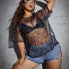 Women's Plus Size Clothes Concert Outfits Summer Sequin Tops See Through Mesh Short Sleeve Shirts
