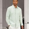 Mens Long Sleeve Button Down Shirt Striped Casual Cotton Business Summer Beach Wedding Dress Shirts
