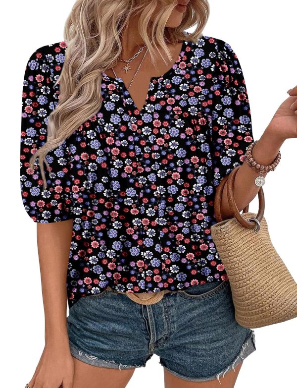 81S5P2N-5L.jpg Womens Puff Half Sleeve Summer Tunic Tops Casual Chest Pleated Shirts Work Blouse for Women Dressy