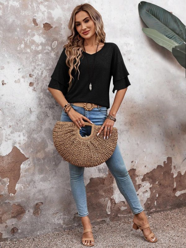 81TDPiFUGlL.jpg Womens Blouses Ruffle Short Sleeve T Shirts V Neck Double Tiered Bell Sleeve Top Spring Summer Fashion Clothes Cute Tunic