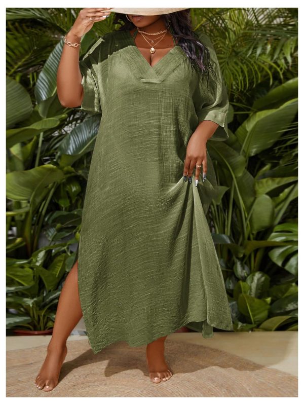 Women's Plus Size Swimwear V Neck Half Sleeve Split Side Cover Up Beach Dress