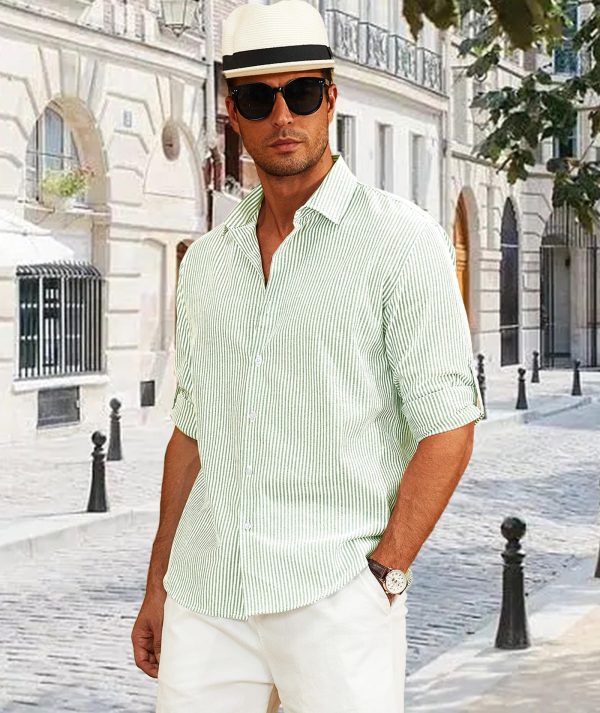 81ULQkYyTLL.jpg Mens Long Sleeve Button Down Shirt Striped Casual Cotton Business Summer Beach Wedding Dress Shirts