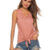 Women's Tie Knot Button Down Shirts Sleeveless Casual Blouse Curved Hemline Tops S-XXL