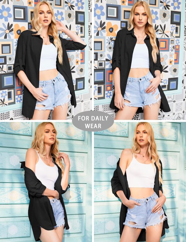 Women Boyfriend Shirts Button Down Long Sleeve Blouse Cuffed Sleeve Collared Shirt