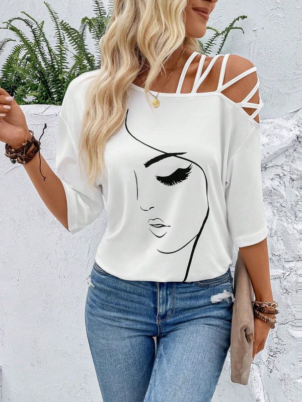 81Whl7ZLfoL.jpg Women's Figure Graphic Tees Criss Cross Cut Out Half Sleeve T Shirt Summer Tops