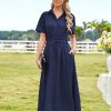 Womens Midi Dress Short Sleeve V Neck Button Front Casual Flowy A-Line Shirt Dresses with Pockets for Summer Spring