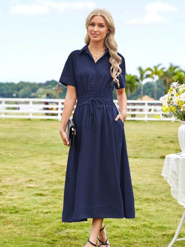 Womens Midi Dress Short Sleeve V Neck Button Front Casual Flowy A-Line Shirt Dresses with Pockets for Summer Spring