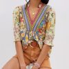 Women’s Summer Causal Boho Blouse Floral V Neck Ruffle Half Puff Sleeve Shirts 2025 Trendy Loose Fit Beach Tops