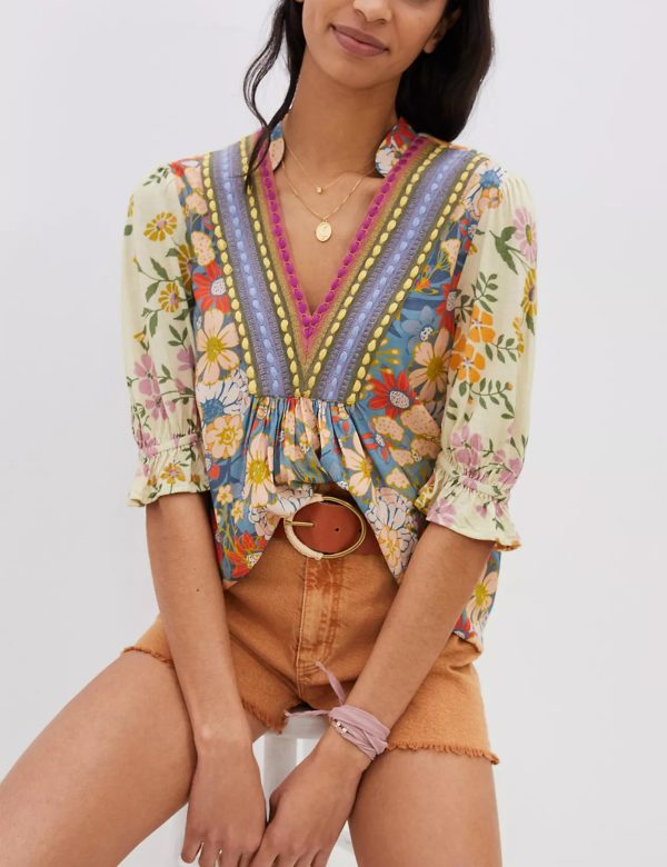 81aKRwvGUXL.jpg Women’s Summer Causal Boho Blouse Floral V Neck Ruffle Half Puff Sleeve Shirts 2025 Trendy Loose Fit Beach Tops