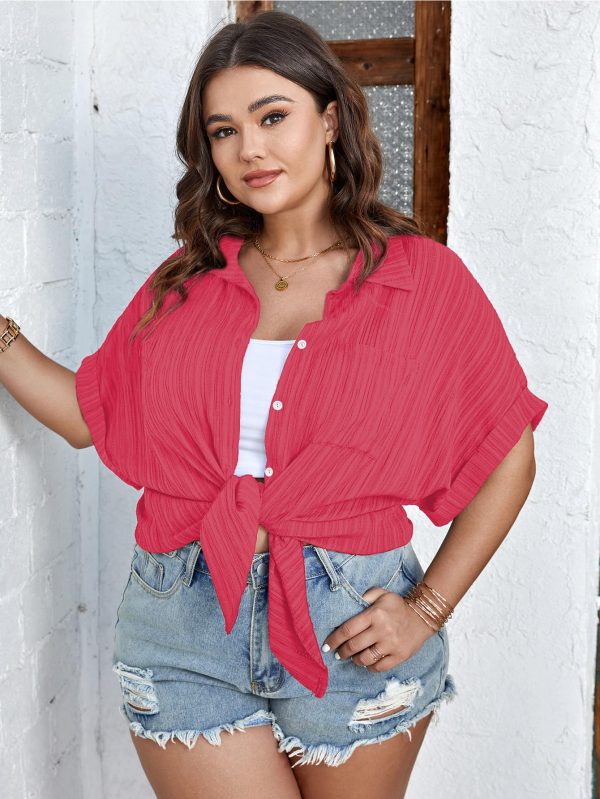 81bODlmPmLL.jpg Women Plus Size Button Down Short Sleeve Shirts Collared Textured Summer Blouse Casual Tops with Pockets