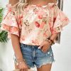 Women's Floral Print Blouse Off Shoulder Ruffle Trim Half Sleeve Summer Tops