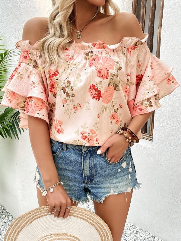 Women's Floral Print Blouse Off Shoulder Ruffle Trim Half Sleeve Summer Tops
