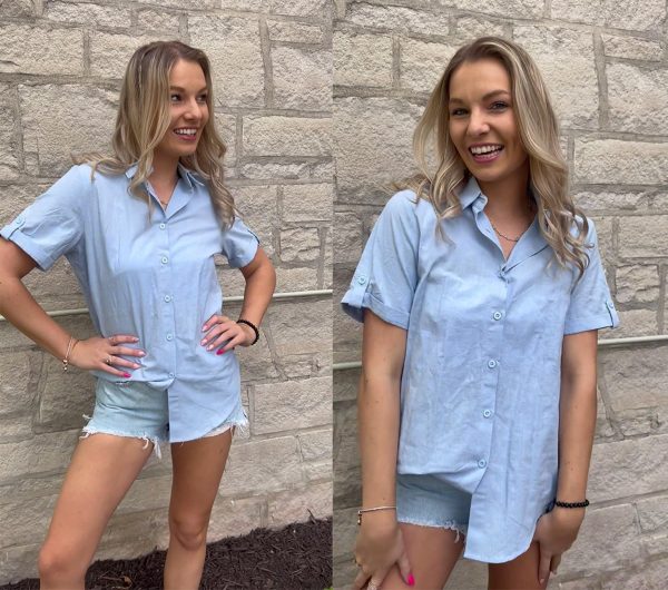 Button Down Shirt Women Cotton Short Sleeve Blouses V Neck Collared Button Up Summer Beach Tops