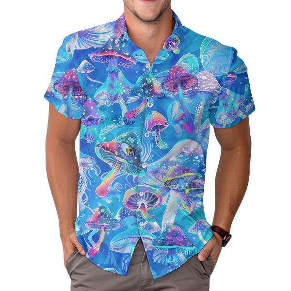 81dTYC3ypgL.jpg Mystical Mushroom Casual Hawaiian Shirt, Summer Mushroom Print Button Shirt, Birthday Gifts
