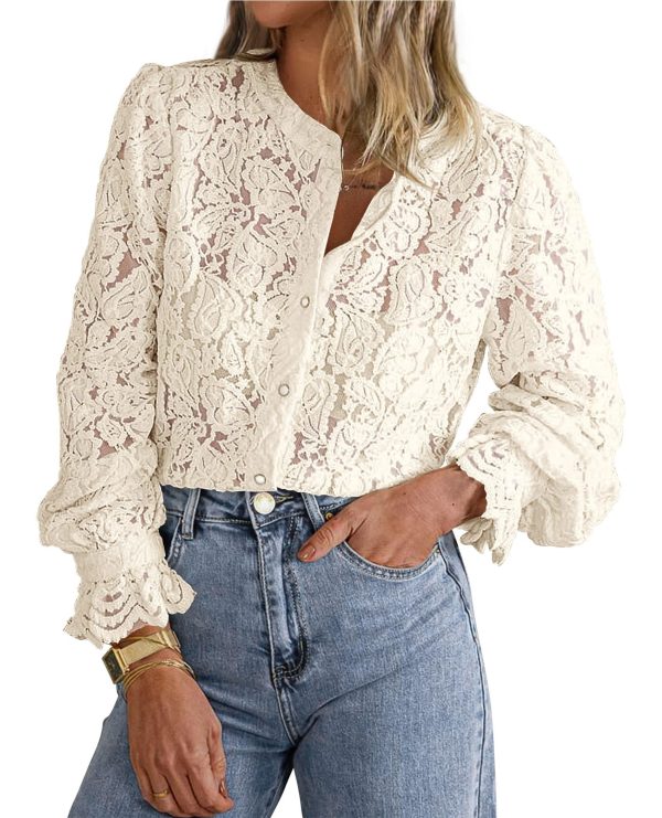 81dowtzK8L.jpg Women's Dressy Casual Lace Blouse Long Sleeve Button Up Shirts Tops Spring Fall Fashion Clothes