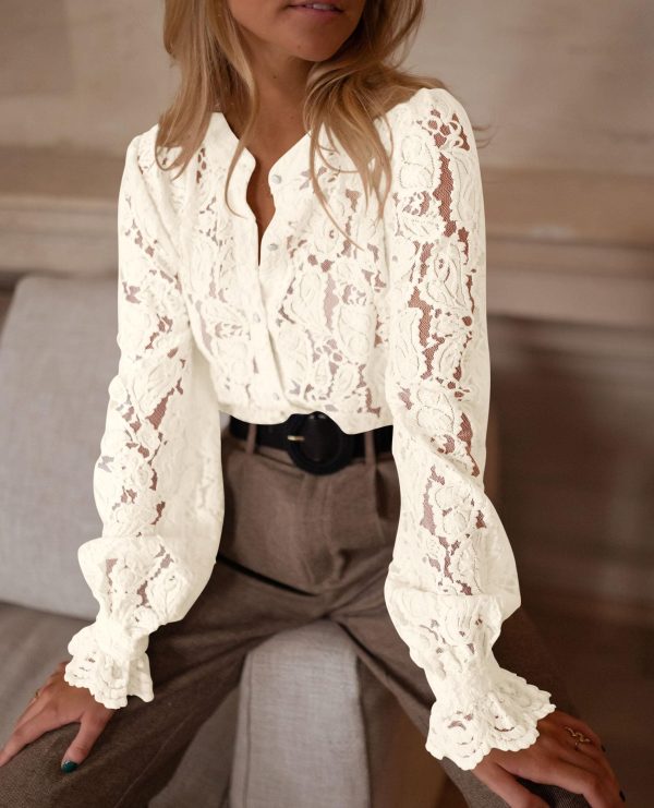 81fKKzhVe1L.jpg Women's Dressy Casual Lace Blouse Long Sleeve Button Up Shirts Tops Spring Fall Fashion Clothes