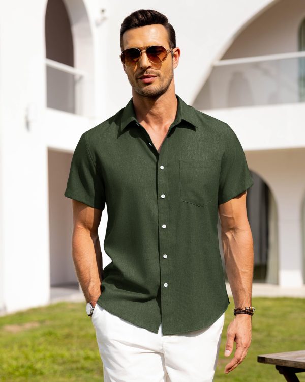 Mens Linen Shirts Short Sleeve Button Down Shirts Wrinkle Free Casual Vacation Beach Summer Tops