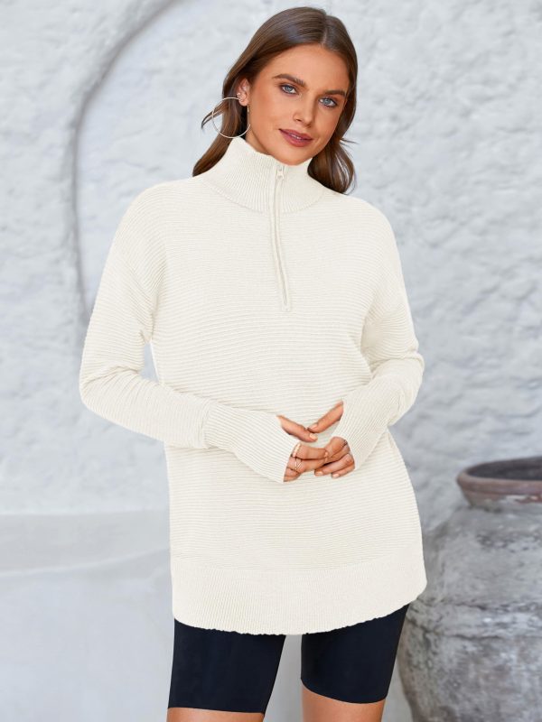 81gHZSKAUAL.jpg Womens Long Sleeve Quarter Zip Pullover Sweater Casual Loose V Neck Collared Ribbed Knit Jumper Tops Thumb Hole