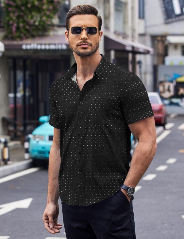 Mens Short Sleeve Button Down Shirts Wrinkle Free Dress Shirts Casual Polka Dot Print Shirt with Pocket