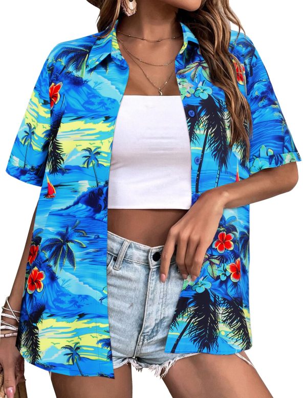 Womens Hawaiian Button Down Shirts Short Sleeve Casual Floral Tropical Shirt Summer Beach Shirt Cool Button Up Tops