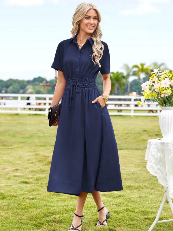 Womens Midi Dress Short Sleeve V Neck Button Front Casual Flowy A-Line Shirt Dresses with Pockets for Summer Spring