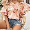 Women's Floral Print Blouse Off Shoulder Ruffle Trim Half Sleeve Summer Tops