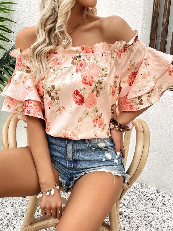 Women's Floral Print Blouse Off Shoulder Ruffle Trim Half Sleeve Summer Tops