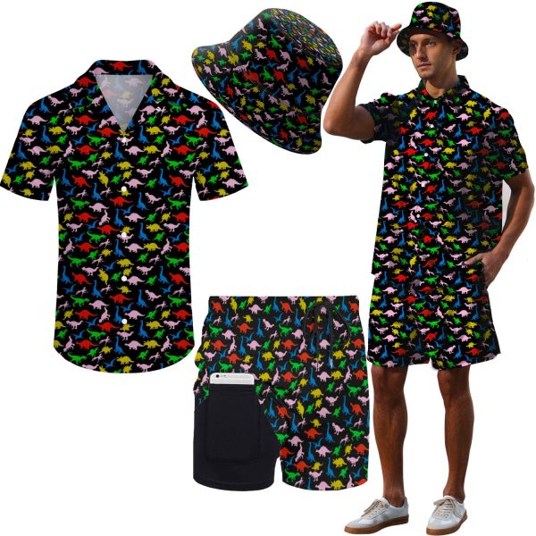 Men's 2 piece 80s 90s rave outfits for Men Hawaiian Shirts with a Bucket Hat