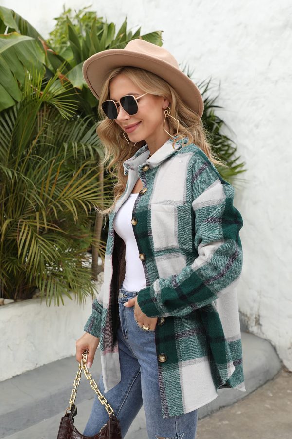 81kOMSyLAsL.jpg Women's Brushed Plaid Shirts Long Sleeve Flannel Lapel Button Down Cardigan Boyfriend Shacket Jacket Coats