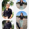 Women Button Down Shirts 3/4 Sleeve Basic Business Dress Shirt Slim Fitted Classic V Neck Button Up Work Blouse Tops