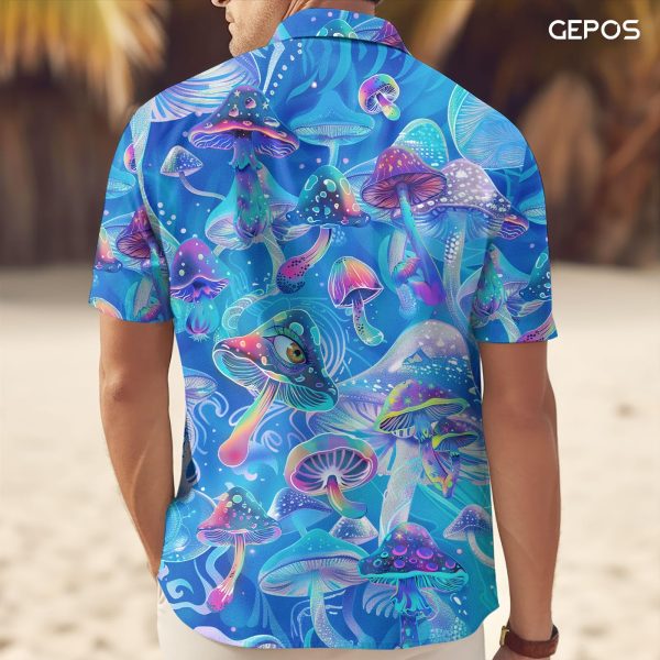 81kwNZKzf8L.jpg Mystical Mushroom Casual Hawaiian Shirt, Summer Mushroom Print Button Shirt, Birthday Gifts