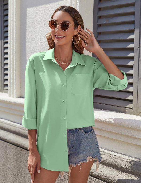 81l3KptTtFL.jpg Womens Button Down Shirt Basic Work Office Drop Shoulder Blouse Casual Loose Long Sleeve Tops with Pocket